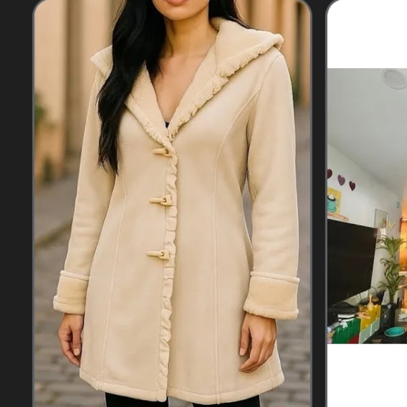 Coldwater Creek White Faux Leather Faux Fur Toggle Midi Coat Hooded Petite Large - Picture 8 of 8